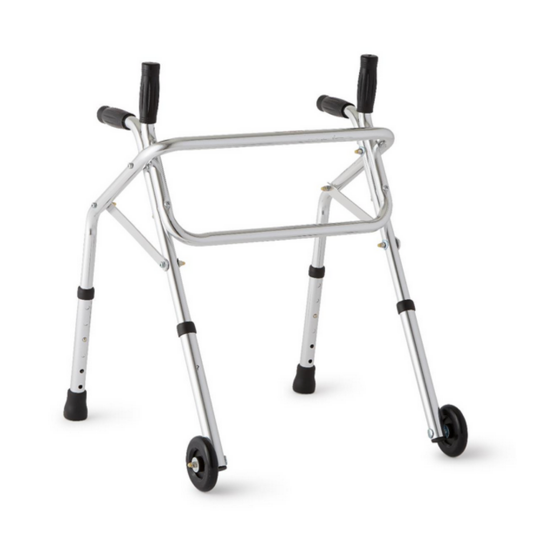 The Medline Pediatric Non-Folding Walker & Standing Aid features a lightweight aluminum frame, two front wheels, black rubber hand grips, rear legs with rubber caps for stability, and adjustable height for personalized comfort.